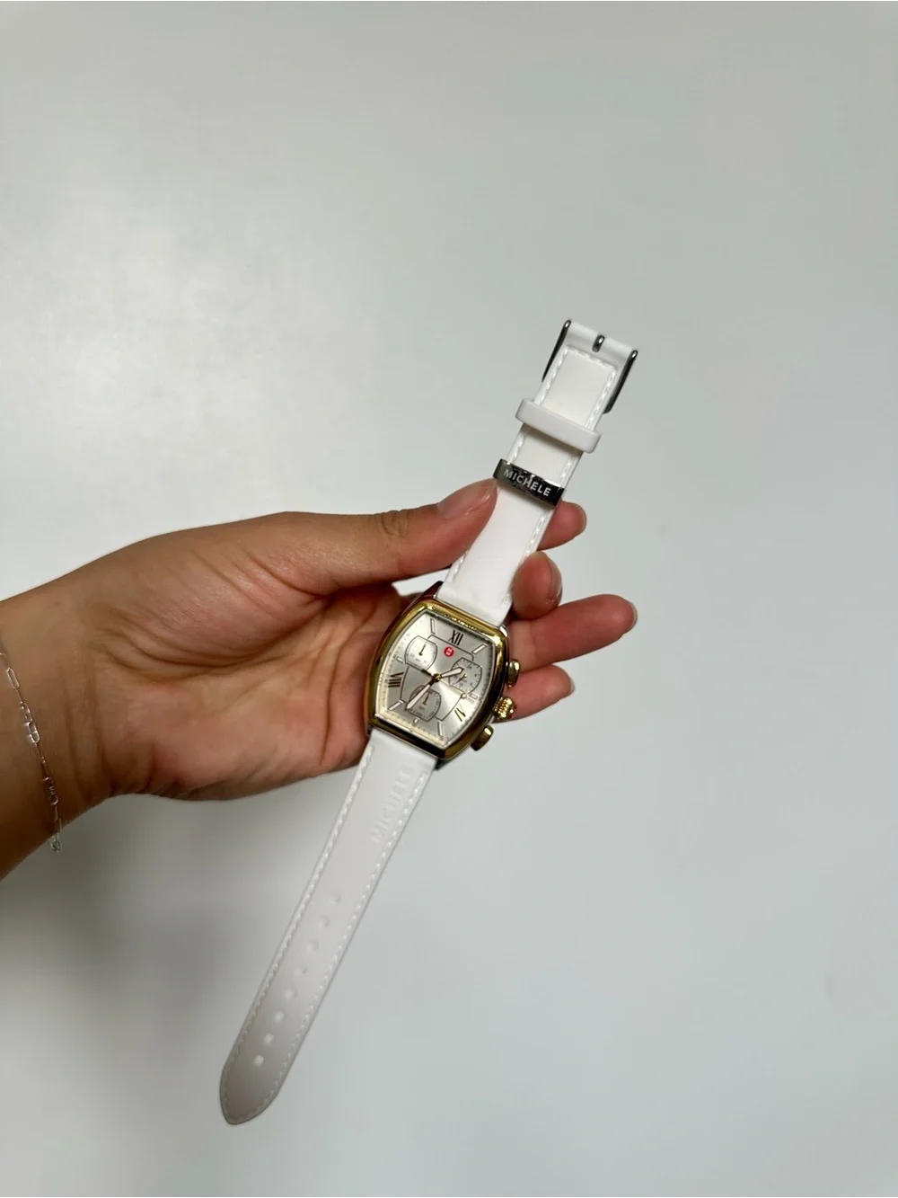 Michele White Strap Gold-Tone Chronograph Watch